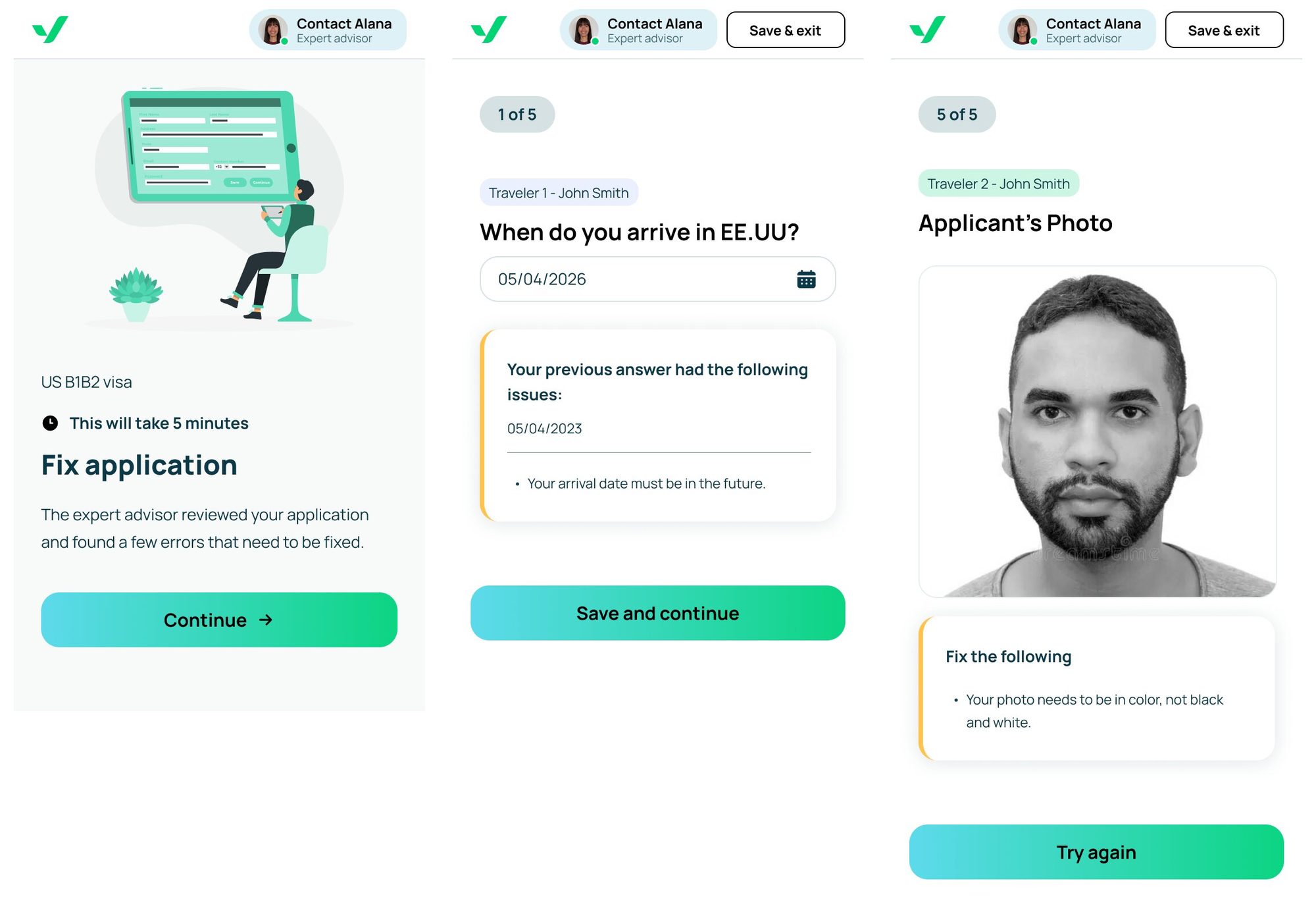 Guided application review: fix application, arrival date and applicant photo screens