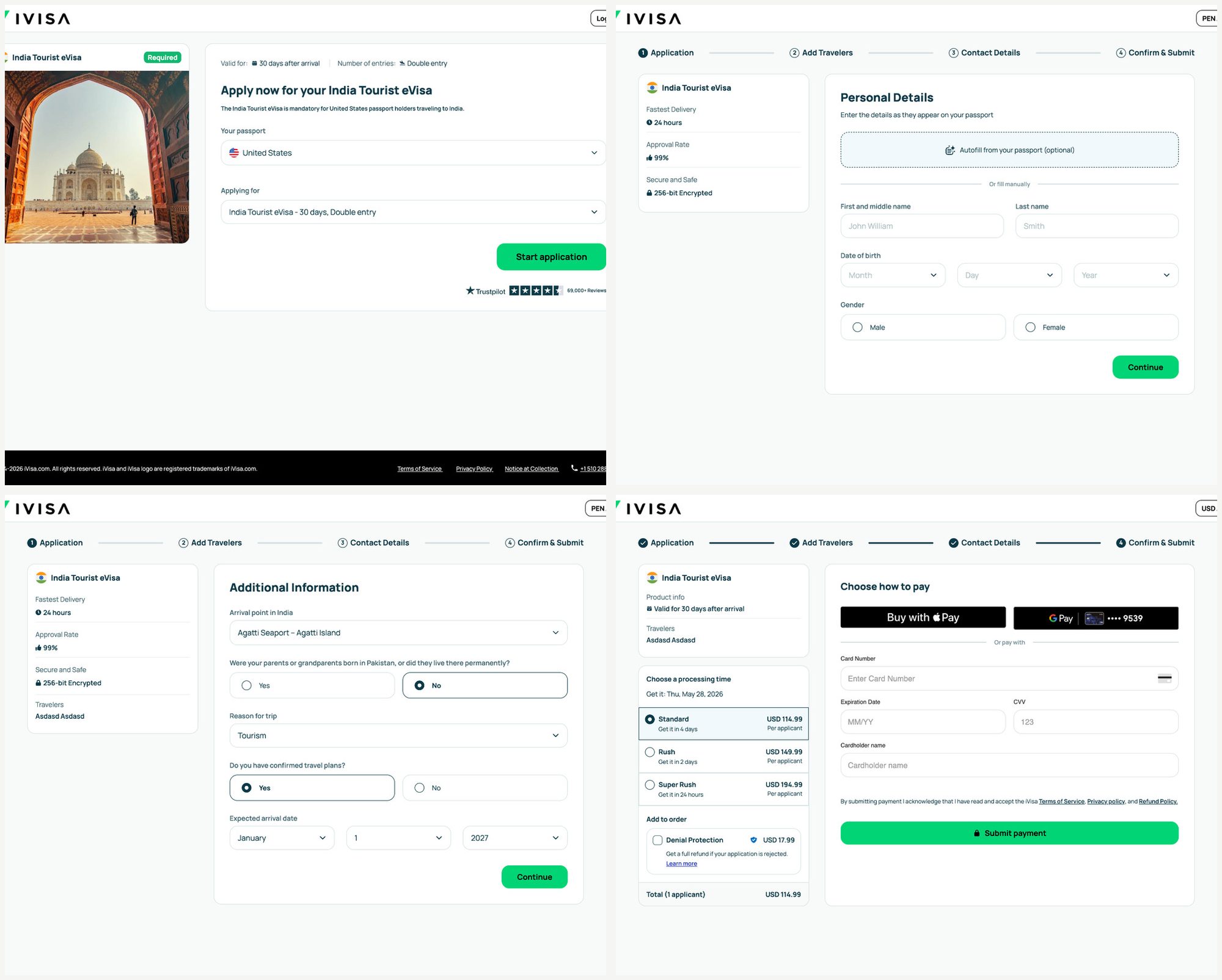 iVisa application flow: product selection, personal details, additional information and payment