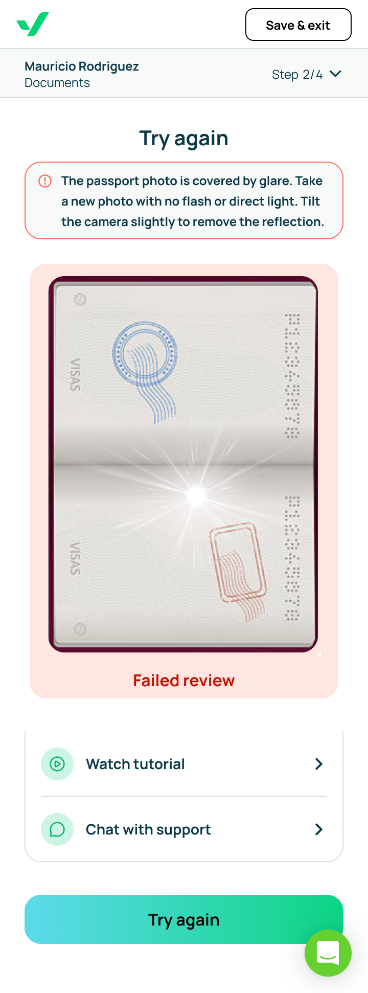 Error screen explaining glare on the passport photo