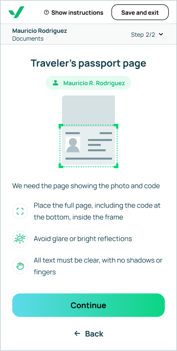 Passport page instructions screen